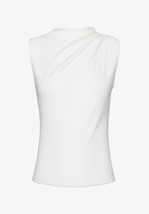 Valge varrukateta top, millel on õlal drapeering ning sile ja keha järgnev tekstuur. Alumine äär on sirge ja ulatub vöökohani.