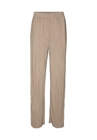 Beżowe szerokie spodnie z kantem, z elastycznym paskiem, wykonane z lekkiego materiału, idealne na codzienne lub pół-formalne okazje.