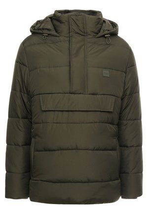 Olive green puffer jacket with a hood, featuring a front pouch pocket, stitched sections, and toggle fasteners for a snug fit.