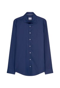 Mörkblå långärmad skjorta med spetsig krage, försedd med glänsande silverknappar fram och en rundad fåll. Slät textur.
