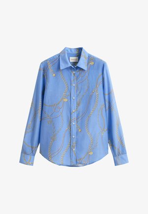 Chemise bleu clair à manches longues avec boutons, imprimé chaîne dorée et corde, col pointu et manches classiques avec poignets.