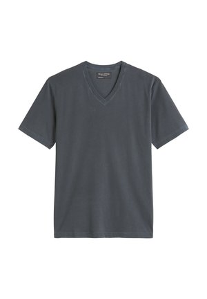 Donkergrijze V-hals T-shirt van katoen, met korte mouwen en een relaxed fit. Gladde textuur met gestikte zoomdetails.