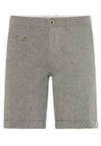 Gray patterned shorts with a textured fabric, featuring a rolled hem, a front pocket with a button, and a zipper fly closure.