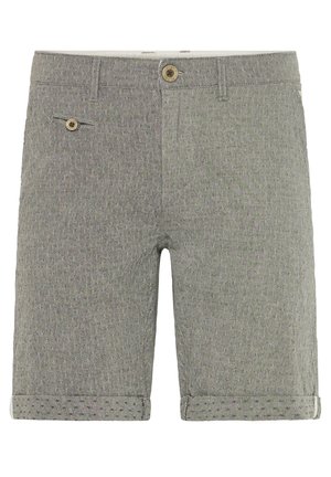 Pantaloni scurți gri cu un model, realizati dintr-un țesătură texturată, având un tiv rulat, un buzunar frontal cu nasture și un fermoar la talie.