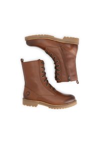 Bruine leren enkellaarzen met een vetersluiting aan de voorkant, een zijrits en een gestructureerde rubberen zool. Heeft een logo aan de buitenzijde.