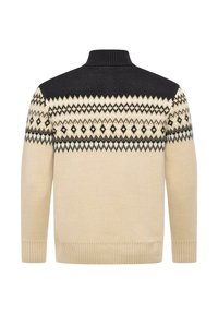 Beige und schwarzer gestreifter Strickpullover mit einem hohen Kragen; zeigt geometrische Muster in Schwarz und Creme im oberen Bereich.