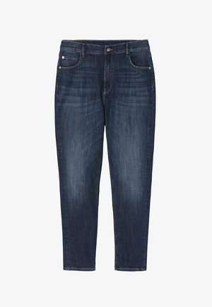 Donkerblauwe denim broek met een rechte snit. Beschikt over vijf zakken en zichtbare stiksels. Klassieke knoop- en ritssluiting aan de taille.