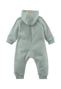 Zachte, lichtgroene babyfleece overall met capuchon, lange mouwen en manchet-enkel, weergegeven vanuit de achterkant.