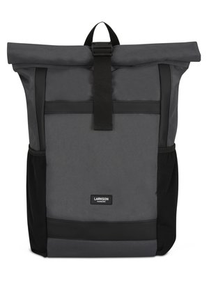 Gray roll-top backpack made of durable fabric with black accents, featuring a central buckle closure and side pockets. Logo displayed at the bottom.