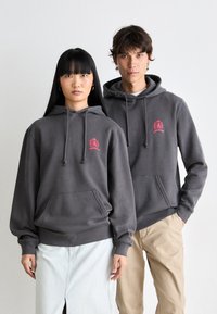 Gray hoodies with front pockets, featuring a small red emblem on the chest. Soft fabric, drawstrings at the hood, and ribbed cuffs.