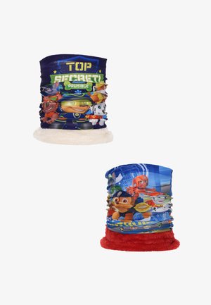 Twee kindernek-sjaals: de ene heeft kleurrijke figuren op blauwe stof met een witte nepbont afwerking; de andere is overwegend blauw met rode bont.