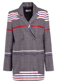 Blazer doppiopetto a quadri grigi con righe orizzontali contrastanti in rosso, bianco e blu. Presenta una vestibilità su misura e rever a scollatura.