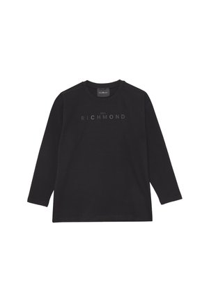 T-shirt a maniche lunghe nera in cotone. Presenta un colletto tondo a coste e un logo stampato opaco "JOHN RICHMOND" sul petto.