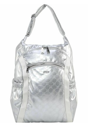 Sac à bandoulière métallique argenté avec motif matelassé, poche avant zippée, poches latérales élastiques et sangle réglable.
