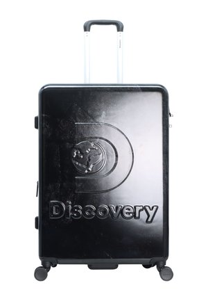 Black hard-shell suitcase with embossed globe and "Discovery" text, extending handle, four wheels, and smooth texture.