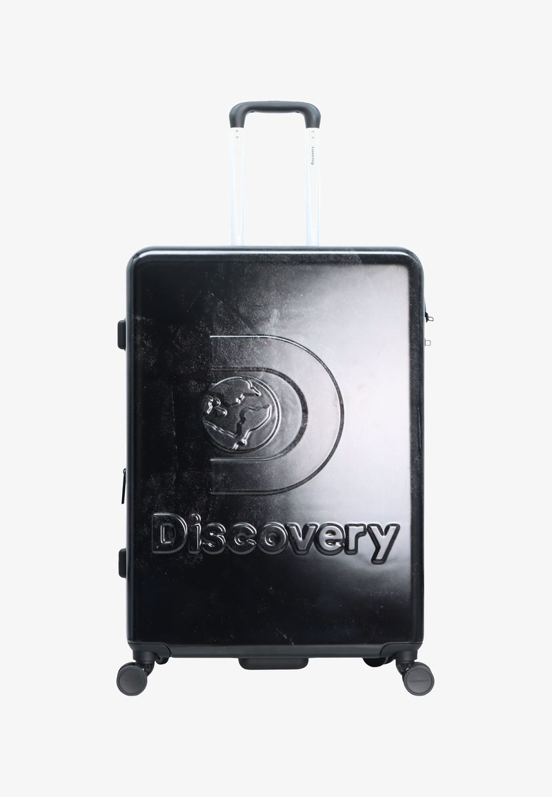 Schwarzer Hartschalenkoffer mit geprägtem Globus und "Discovery"-Text, ausziehbarem Griff, vier Rädern und glatter Oberfläche.