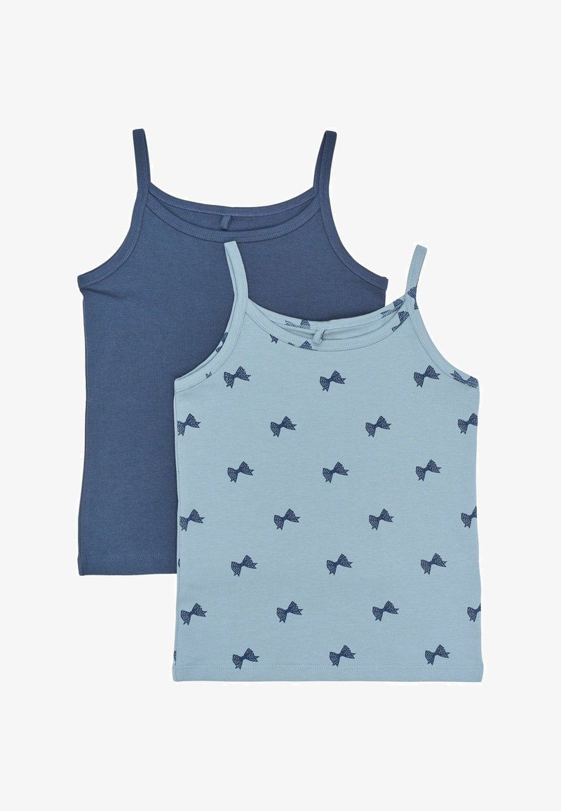 Kaks ilmaääreline puuvillane tank top tüdrukutele, üks ühtlane tumesinine ja teine helesinine tumehallide kaarprintidega.