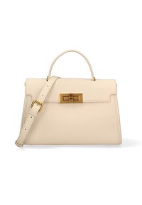 Beige leren handtas met een gestructureerd ontwerp, bovenhandvat, verstelbare schouderriem en sluiting met goudkleurige klem. Gelaagd oppervlak.