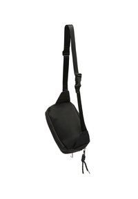 Borsa a spalla nera realizzata in materiale morbido; presenta una tracolla regolabile, forma rettangolare e chiusura a zip con un cordino decorativo.