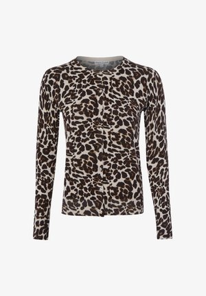 Langärmeliger Cardigan zum Knöpfen mit Leopardenmuster in Braun- und Beigetönen, mit rundem Ausschnitt und geripptem Saum.
