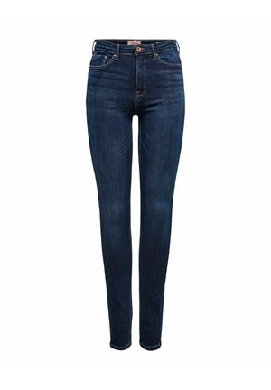 Donkerblauwe high-waist skinny jeans met een knoop en ritssluiting aan de voorkant, vijf-pocket ontwerp en een licht vervaagde was aan de benen.