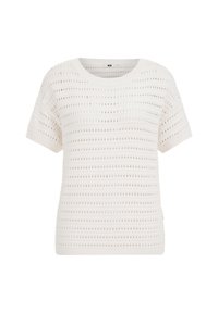 Vit stickad tröja med rund hals, korta ärmar och horisontella ränder med hålmönster för extra textur.