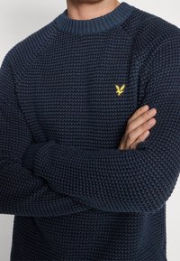 Maglione lavorato a maglia blu navy con un motivo testurizzato, colletto rotondo a coste e logo di aquila gialla sul petto. Maniche lunghe con polsini a coste.