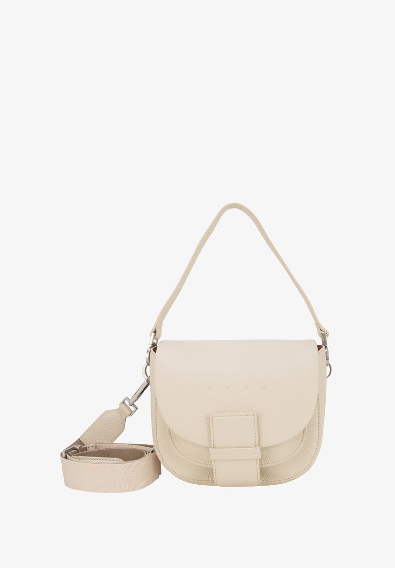 Bež usnjena torbica čez ramo z zložljivim pokrovom, nastavljivim trakom in teksturirano površino. Ima osrednji kovinski dodatek in vtisnjeno blagovno znamko.