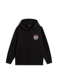 Sudadera con cremallera negra, con bolsillos delanteros, capucha y un pequeño logo en blanco y rosa de "Vans Off The Wall" en el lado izquierdo del pecho.