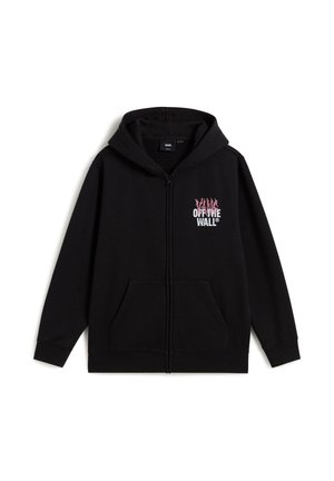 Czarna bluza z kapturem na zamek błyskawiczny, z przednimi kieszeniami, kapturem oraz małym logo "Vans Off The Wall" w białym i różowym kolorze na lewej piersi.