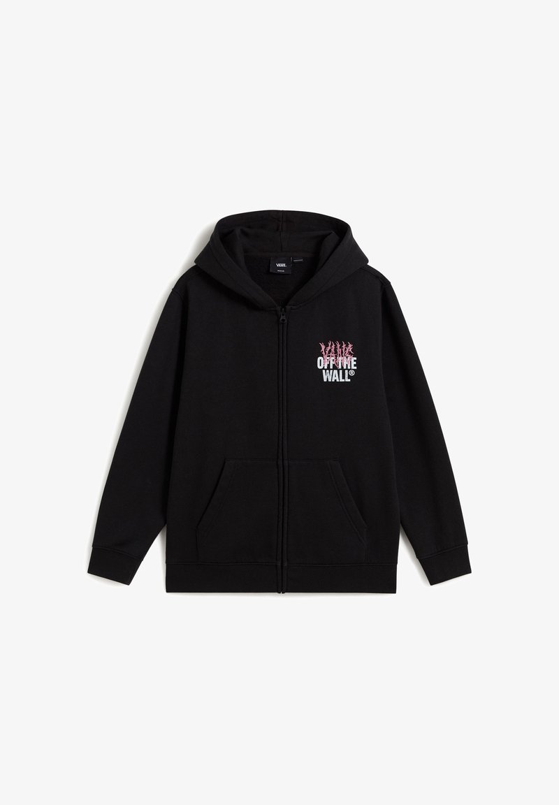 Felpa nera con zip, tasche anteriori, cappuccio e piccolo logo "Vans Off The Wall" in bianco e rosa sul lato sinistro del petto.