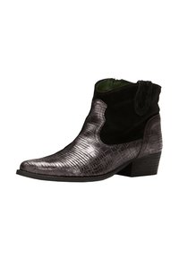 Stiefelette aus metallischem schwarzem Krokodil-Leder mit Wildleder-Obermaterial, ausgestattet mit einem niedrigen Blockabsatz und dekorativen seitlichen Akzenten.