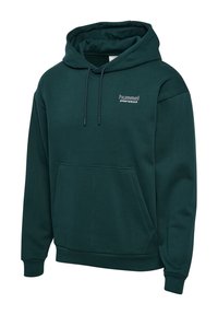 Grüner Kapuzenpullover aus weichem Stoff, mit einer Fronttasche, gerippten Bündchen und dem weißen Schriftzug "hummel sportswear".