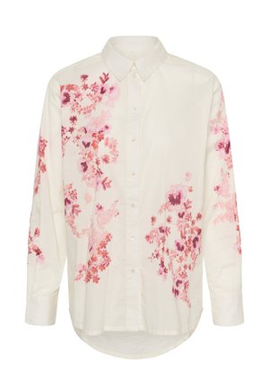 White long-sleeve button-up shirt with pointed collar, featuring pink and red floral patterns on sleeves and front.