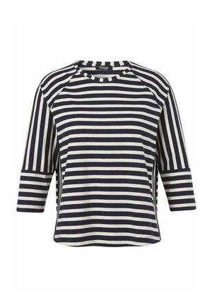Marineblau-weiß gestreiftes Shirt mit dreiviertel Ärmeln und rundem Ausschnitt, mit horizontalen und vertikalen Streifenmustern.