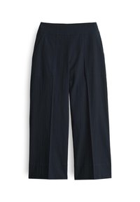 Pantalon large marine en tissu texturé, avec une taille plate et deux poches latérales. Le design est ample et à coupe droite.