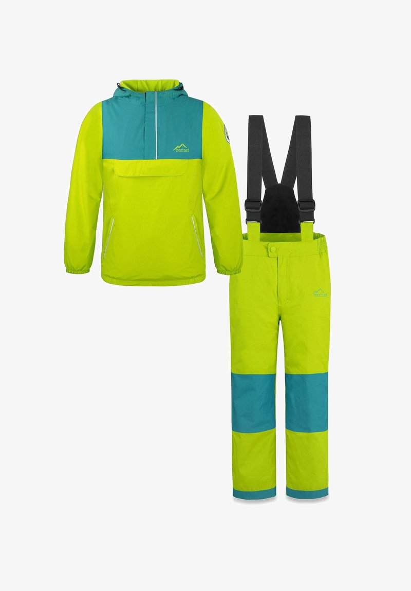 Helle grüne und türkisfarbene zweiteilige Winterausstattung mit einer Pulloverjacke, die über eine vordere Tasche und verstellbare Träger an den Hosen verfügt.