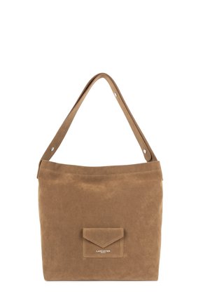 Brown suede tote bag with a front pocket, featuring a smooth texture, and two long, flat handles. Silver hardware accents visible.