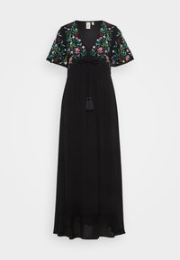 Schwarzes Maxikleid mit kurzen Ärmeln, das über bunte Blumenstickereien am Ausschnitt und eine Bindung mit Quasten in der Taille verfügt.