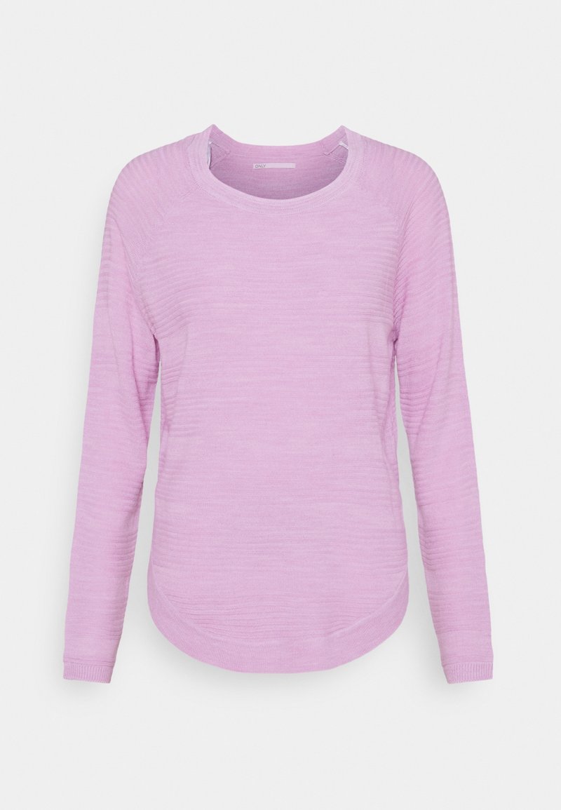 Pull en maille violet clair à manches longues avec encolure ronde et texture subtile à côtes horizontales, ourlet courbé, présenté sur fond blanc.