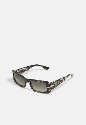 Square sunglasses with a black and gray camo-patterned frame, gradient gray lenses, and straight arms featuring subtle silver accents.
