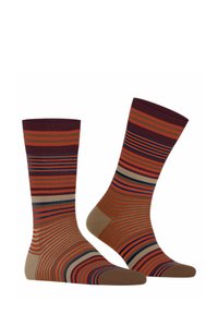 Calze a strisce con una combinazione di beige, bordeaux e verde. Lunghezza a metà polpaccio con una texture liscia e zone rinforzate sulla punta e sul tallone.