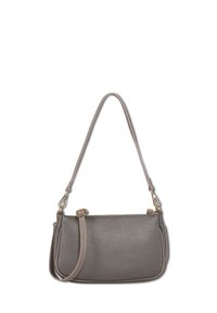 Grijze lederen handtas met een enkele verstelbare schouderband, voorzien van goudkleurige hardware en contrasterende stiksels. Rechthoekige vorm.