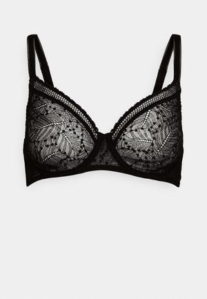 Black lace bra featuring a floral pattern, underwire support, adjustable straps, and a soft texture with scalloped edges.