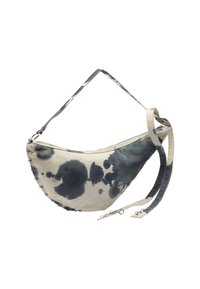 Torba crossbody z płótna o zakrzywionym kształcie, w kremowym kolorze z ciemnozielonym wzorem tie-dye. Posiada zamek błyskawiczny i regulowany pasek.