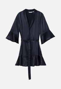 Peignoir en satin marine avec des manches évasées, une taille à nouer et un ourlet froncé. Texture lisse avec un design simple et élégant.