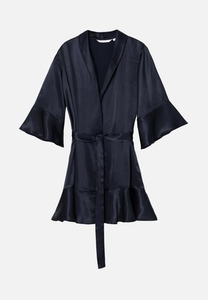 Marine satijnen kamerjas met uitlopende mouwen, een tailleband en een geschulpte zoom. Soepele textuur met een eenvoudig, elegant ontwerp.