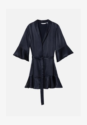 Marine satijnen kamerjas met uitlopende mouwen, een tailleband en een geschulpte zoom. Soepele textuur met een eenvoudig, elegant ontwerp.