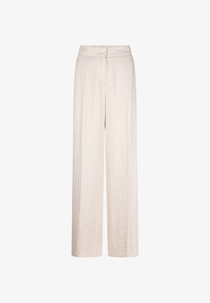 Bredere broekspijpen in een lichtromige kleur, gemaakt van textuurstof. Kenmerkt zich door een platte tailleband en een vloeiende, lange pasvorm.