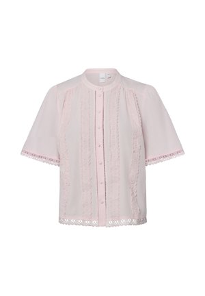 Hellrosa kurzärmelige Bluse mit Spitzeneinsätzen, Knopfleiste vorne, rundem Kragen und Spitzenbesatz an Ärmeln und Saum.